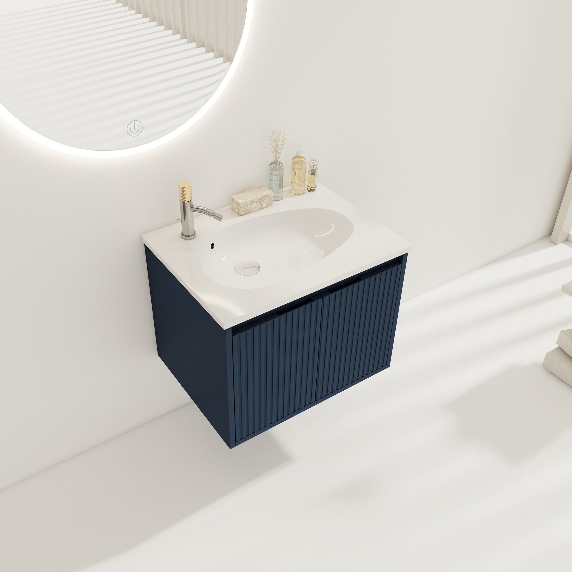 24" Floating Bathroom Vanity With Drop Shaped Resin Sink Navy Blue 2 Bathroom Wall Mounted Modern Plywood