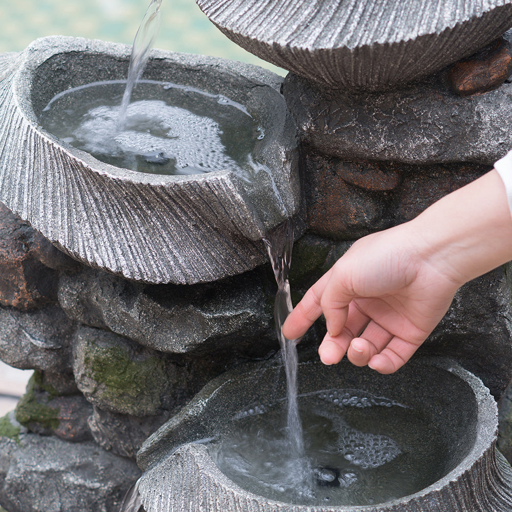 19X15X31.5" Indoor Outdoor Stone Water Fountain, 4 Tier Polyresin Cascading Rock Bowl Freestanding Fountain With Led Ligh Grey Garden & Outdoor Rustic,Traditional Polyresin