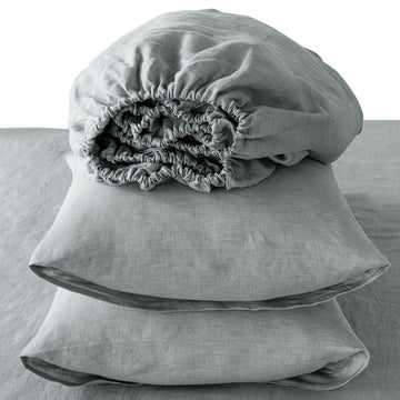 4 Pcs King Bedding Set, Premium Linen Bedding Sheets & Pillowcases, Bed In A Bag King Size Bed Set, Sea Glass Bedding Sheet & Pillowcase Sets Grey Linen Linen