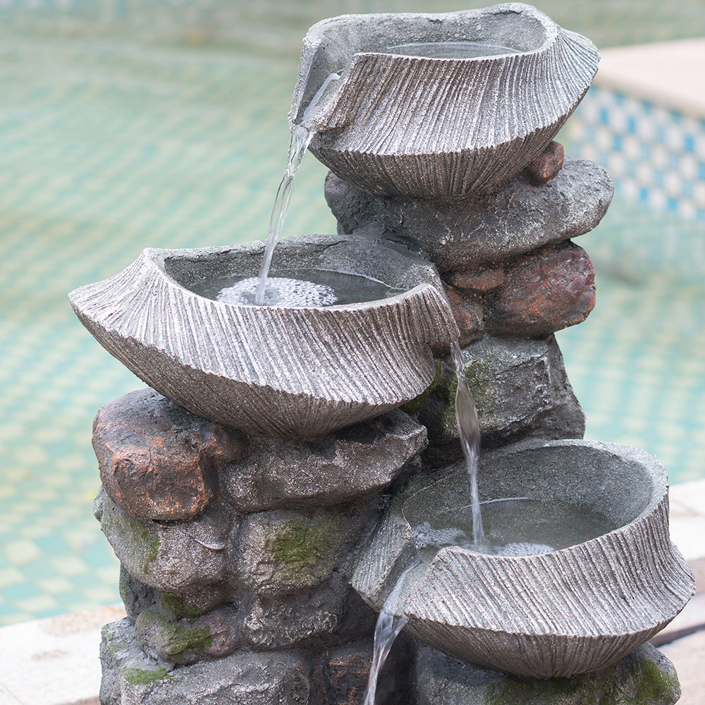 19X15X31.5" Indoor Outdoor Stone Water Fountain, 4 Tier Polyresin Cascading Rock Bowl Freestanding Fountain With Led Ligh Grey Garden & Outdoor Rustic,Traditional Polyresin