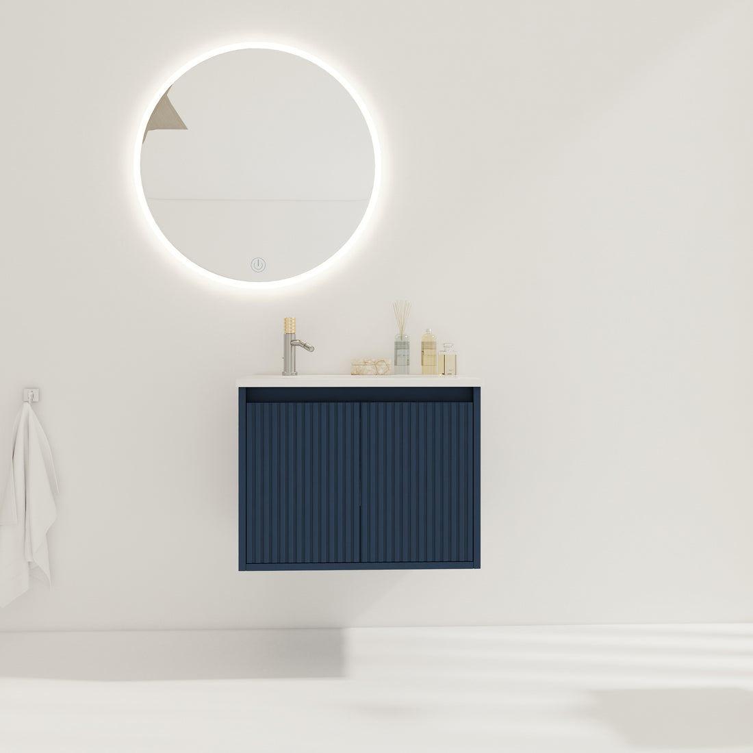 24" Floating Bathroom Vanity With Drop Shaped Resin Sink Navy Blue 2 Bathroom Wall Mounted Modern Plywood