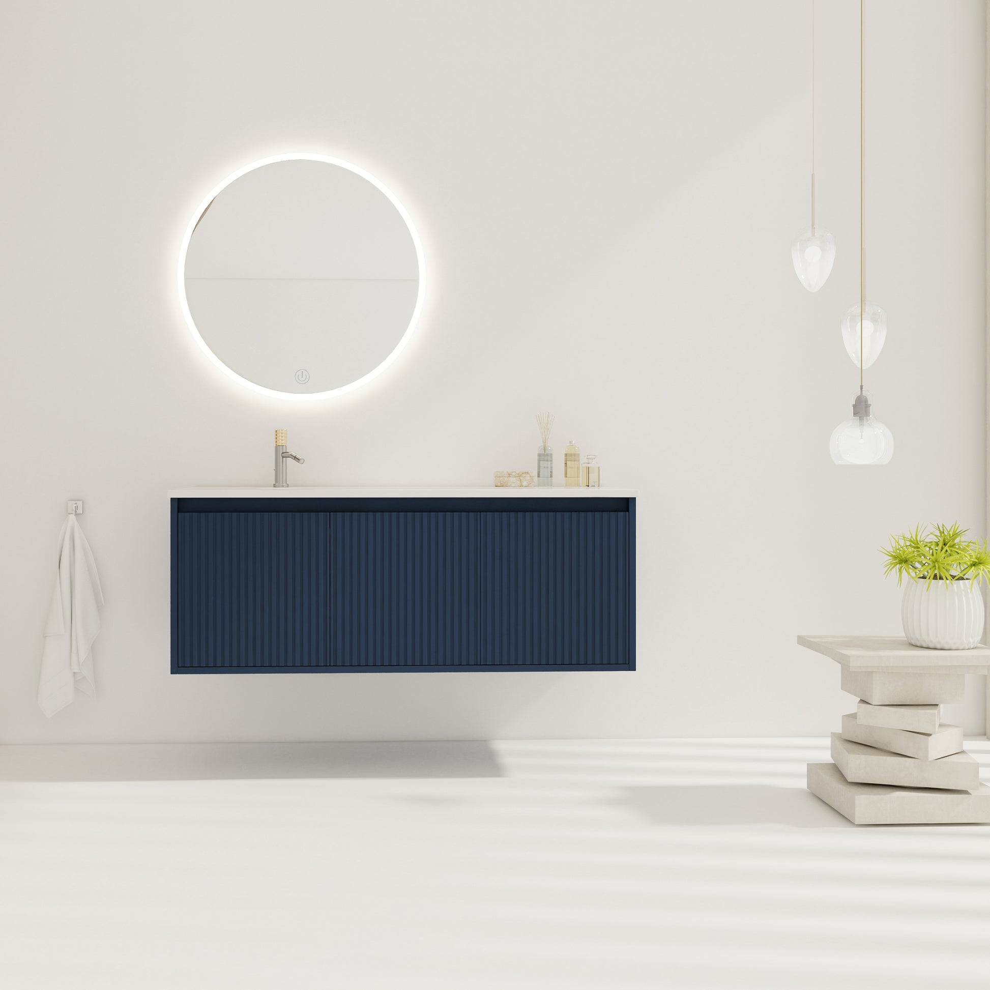 48" Floating Bathroom Vanity With Drop Shaped Resin Sink Navy Blue 3 Bathroom Wall Mounted Modern Plywood