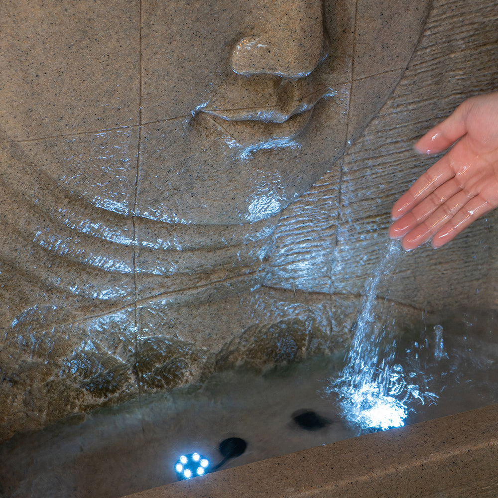 25X13X39" High Sandstone Buddha Fountain, Indoor Outdoor Water Fountain With Light Beige Garden & Outdoor Chinese,Traditional Stone