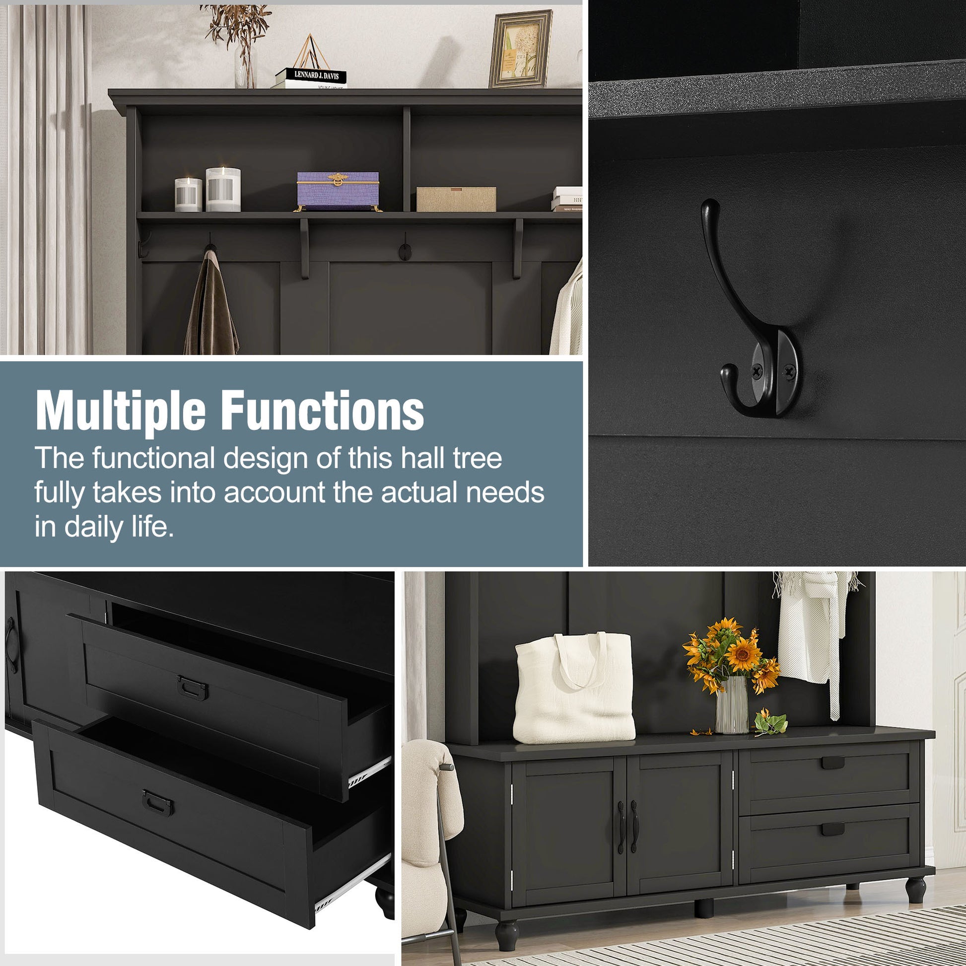 Modern Style Hall Tree With Storage Cabinet And 2 Large Drawers, Widen Mudroom Bench With 5 Coat Hooks, Black Black Primary Living Space Particle Board