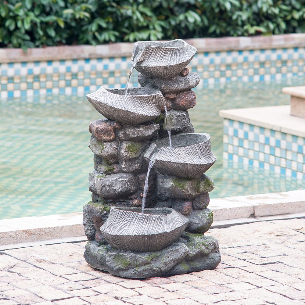 19X15X31.5" Indoor Outdoor Stone Water Fountain, 4 Tier Polyresin Cascading Rock Bowl Freestanding Fountain With Led Ligh Grey Garden & Outdoor Rustic,Traditional Polyresin