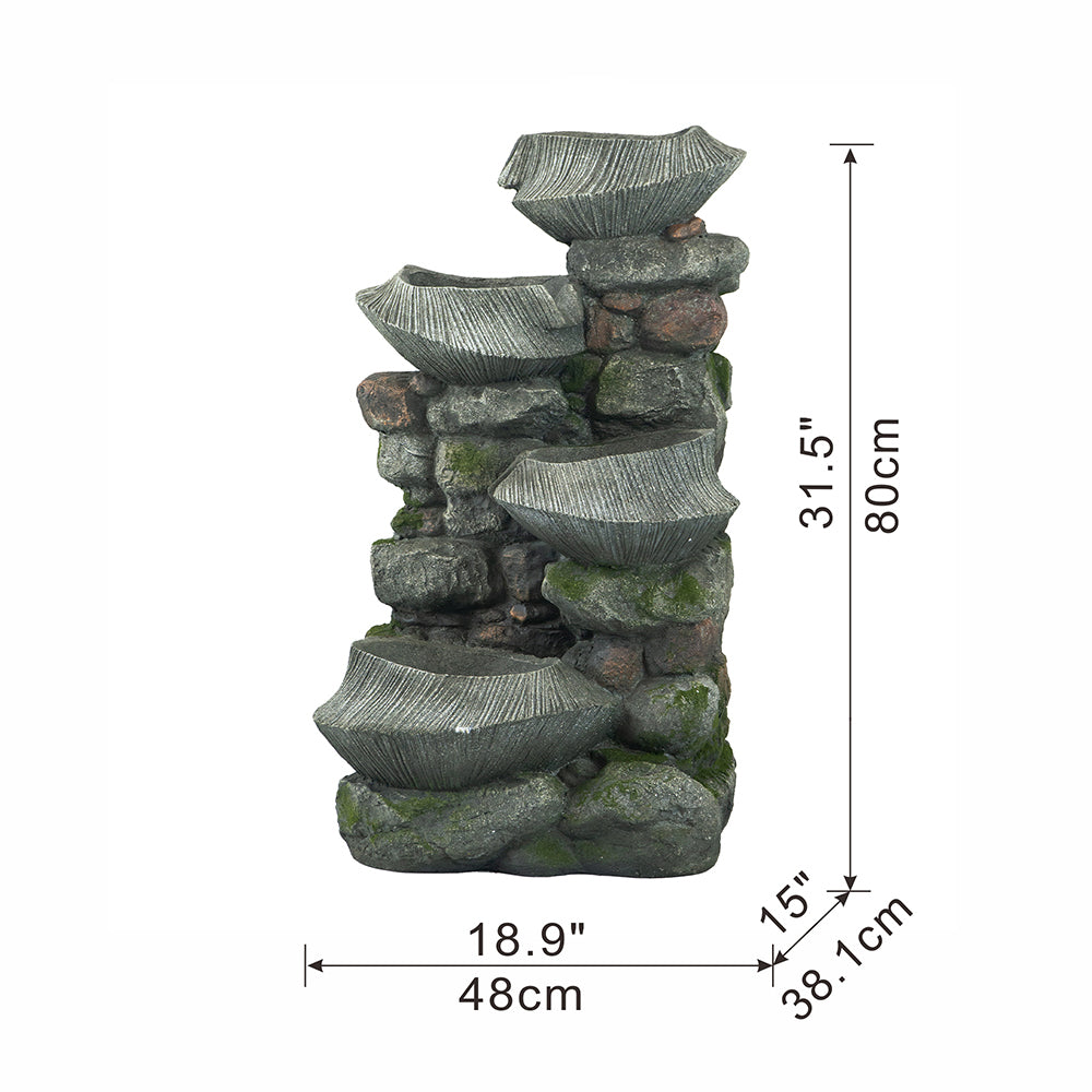 19X15X31.5" Indoor Outdoor Stone Water Fountain, 4 Tier Polyresin Cascading Rock Bowl Freestanding Fountain With Led Ligh Grey Garden & Outdoor Rustic,Traditional Polyresin