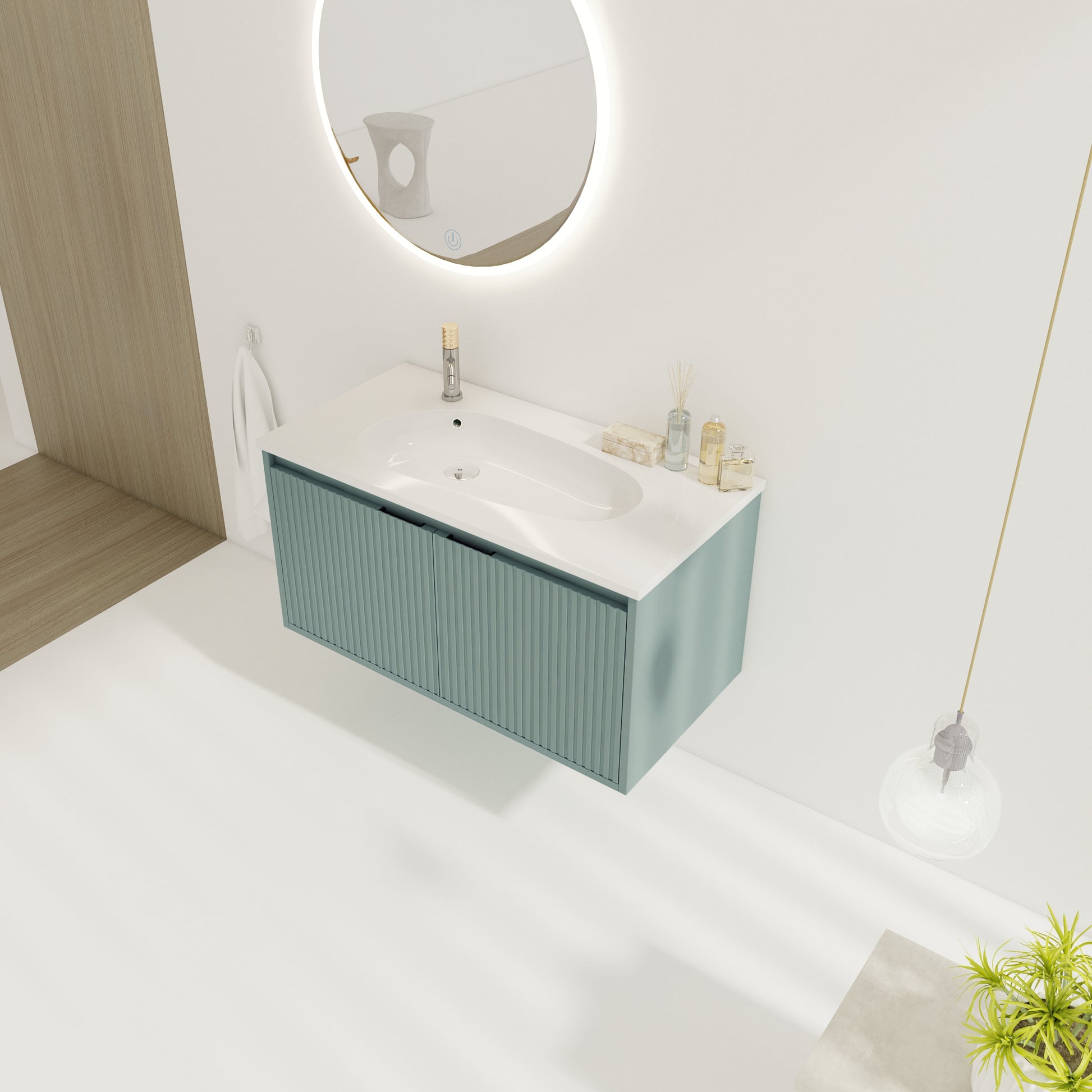 36" Floating Bathroom Vanity With Drop Shaped Resin Sink Green 2 Bathroom Wall Mounted Modern Plywood