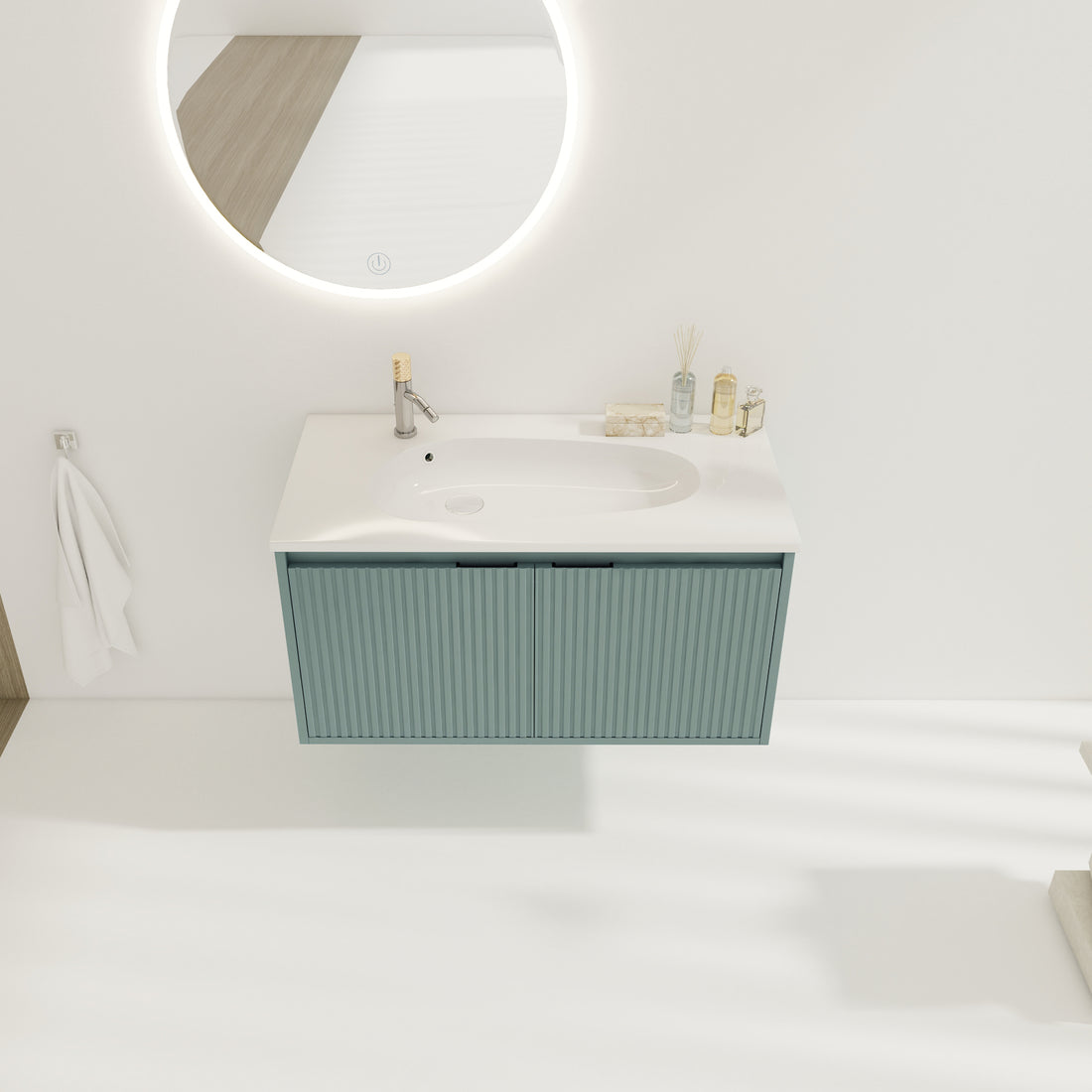 36" Floating Bathroom Vanity With Drop Shaped Resin Sink Green 2 Bathroom Wall Mounted Modern Plywood