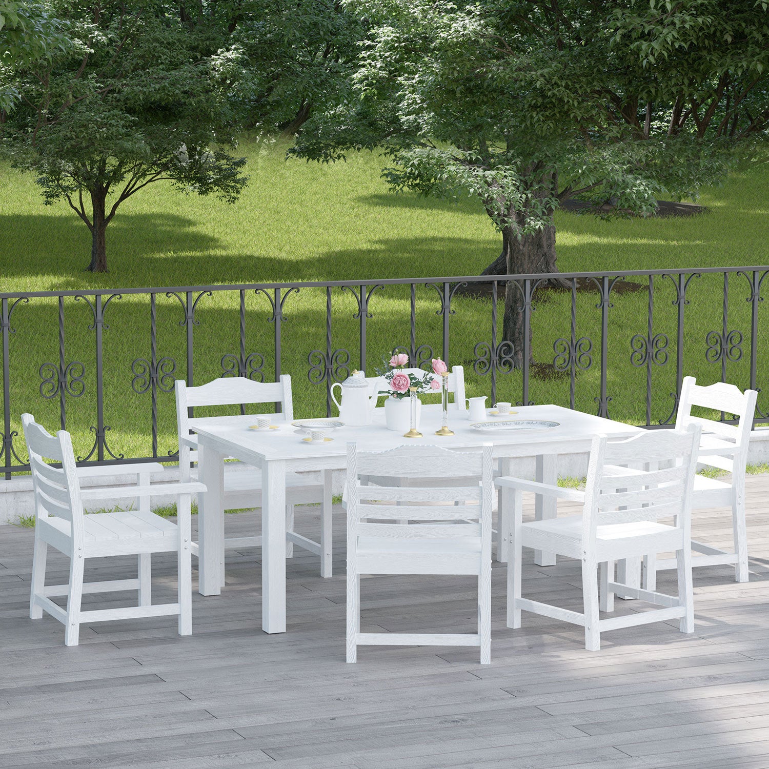 Patio Dining Chair With Armset Set Of 2, Pure White With Imitation Wood Grain Wexture,Hips Material White Hdpe