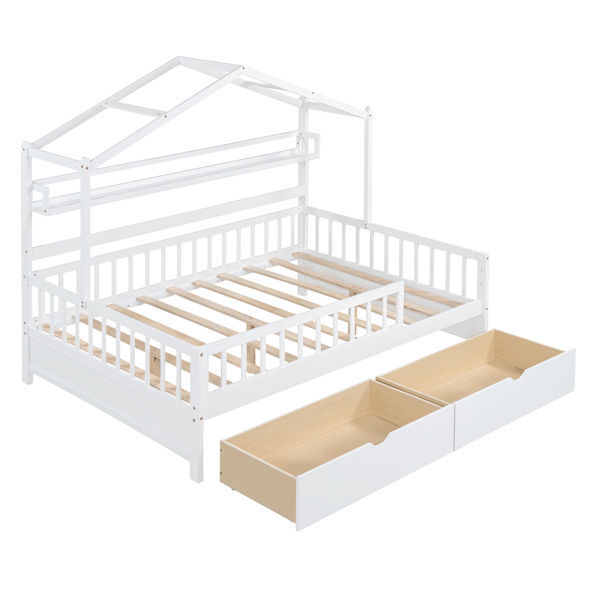 Wooden Full Size House Bed With 2 Drawers,Kids Bed With Storage Shelf, White White Wood