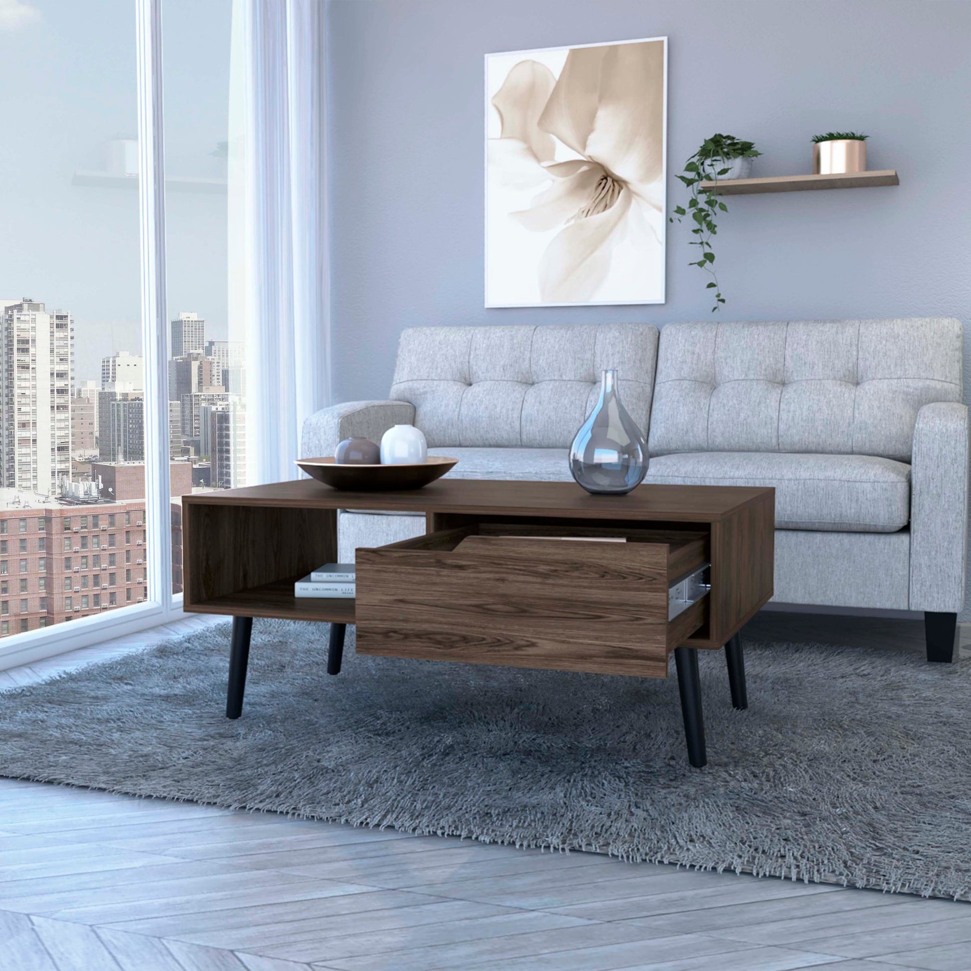 Coffee Table Bull, One Drawer, One Open Shelf, Four Legs, Dark Walnut Finish Walnut Particle Board