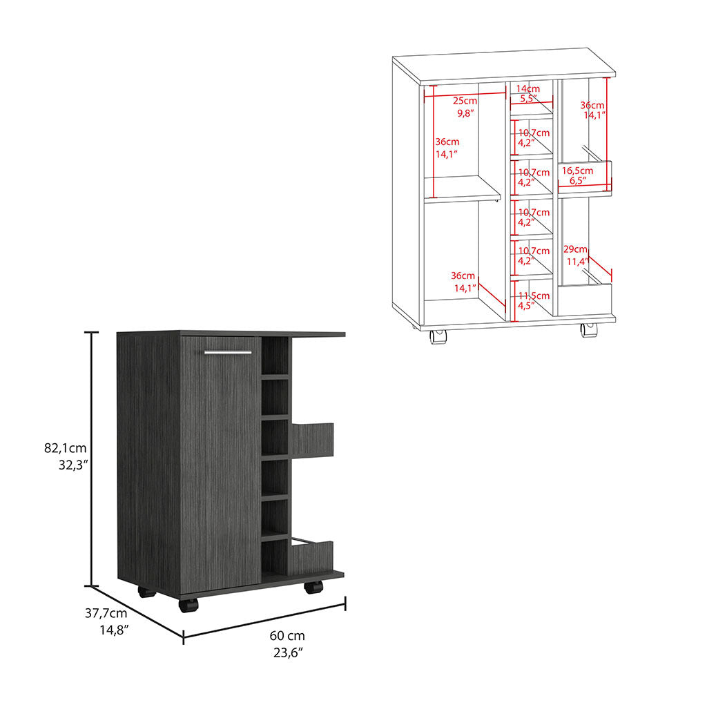 Bar Cart Wells, Four Casters, Six Wine Cubbies, Single Door Cabinet, Smokey Oak Finish Gray Particle Board