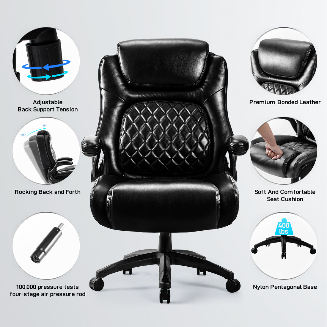 Big & Tall 400Lb Ergonomic Leather Office Chair Executive Desk Chair Metal Black Office Foam American Traditional,Antique,Luxury Handle Office Chairs Solid Back Foam Adjustable Height Leather