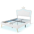 Full Size Upholstered Bed Frame With Led Lights,Modern Upholstered Princess Bed With Crown Headboard,White Full White Pu