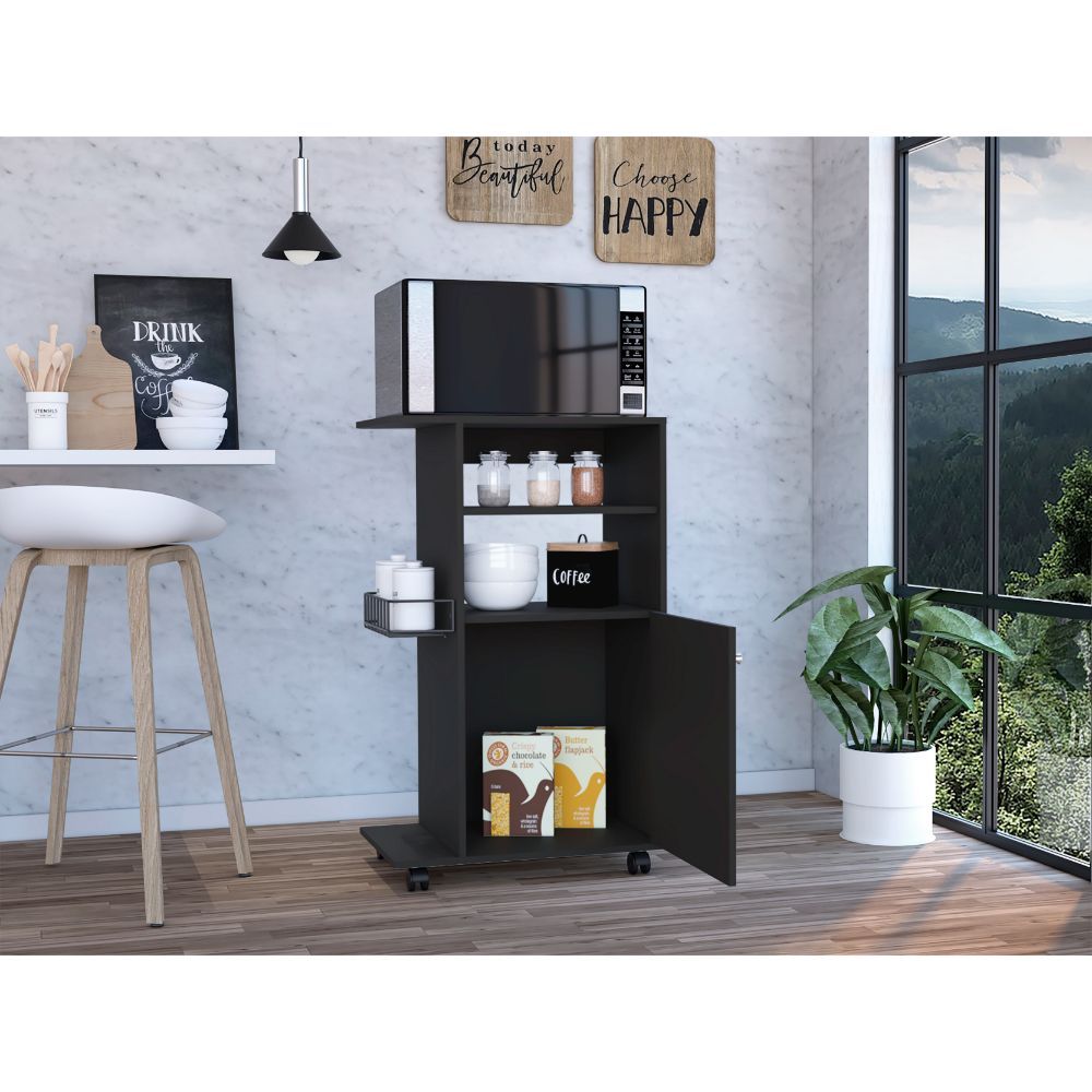 Kitchen Cart Kryot, Single Door Cabinet, Four Casters, Black Wengue Finish Black Particle Board