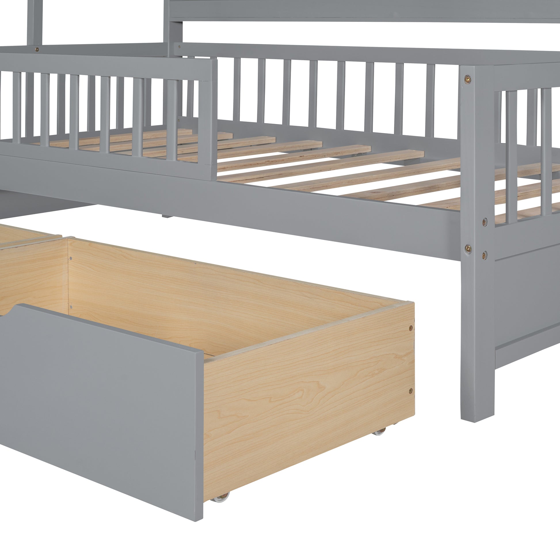 Wooden Twin Size House Bed With 2 Drawers,Kids Bed With Storage Shelf, Gray Gray Wood