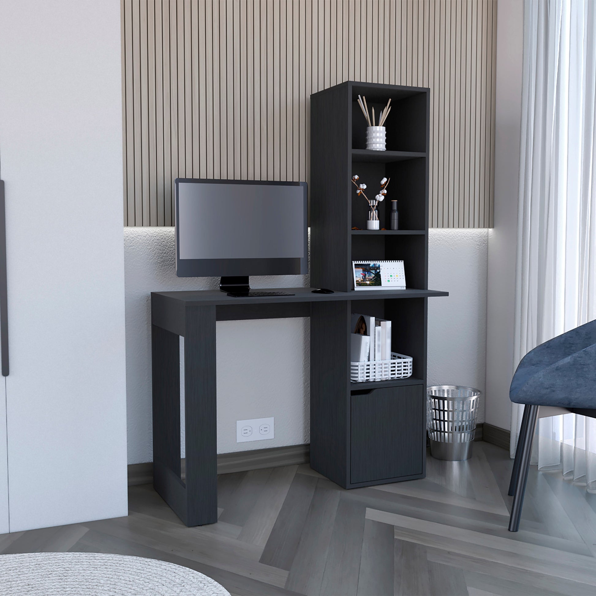 Office Desk Aragon With Four Tier Bookcase And Lower Cabinet, Black Wengue Finish Black Particle Board