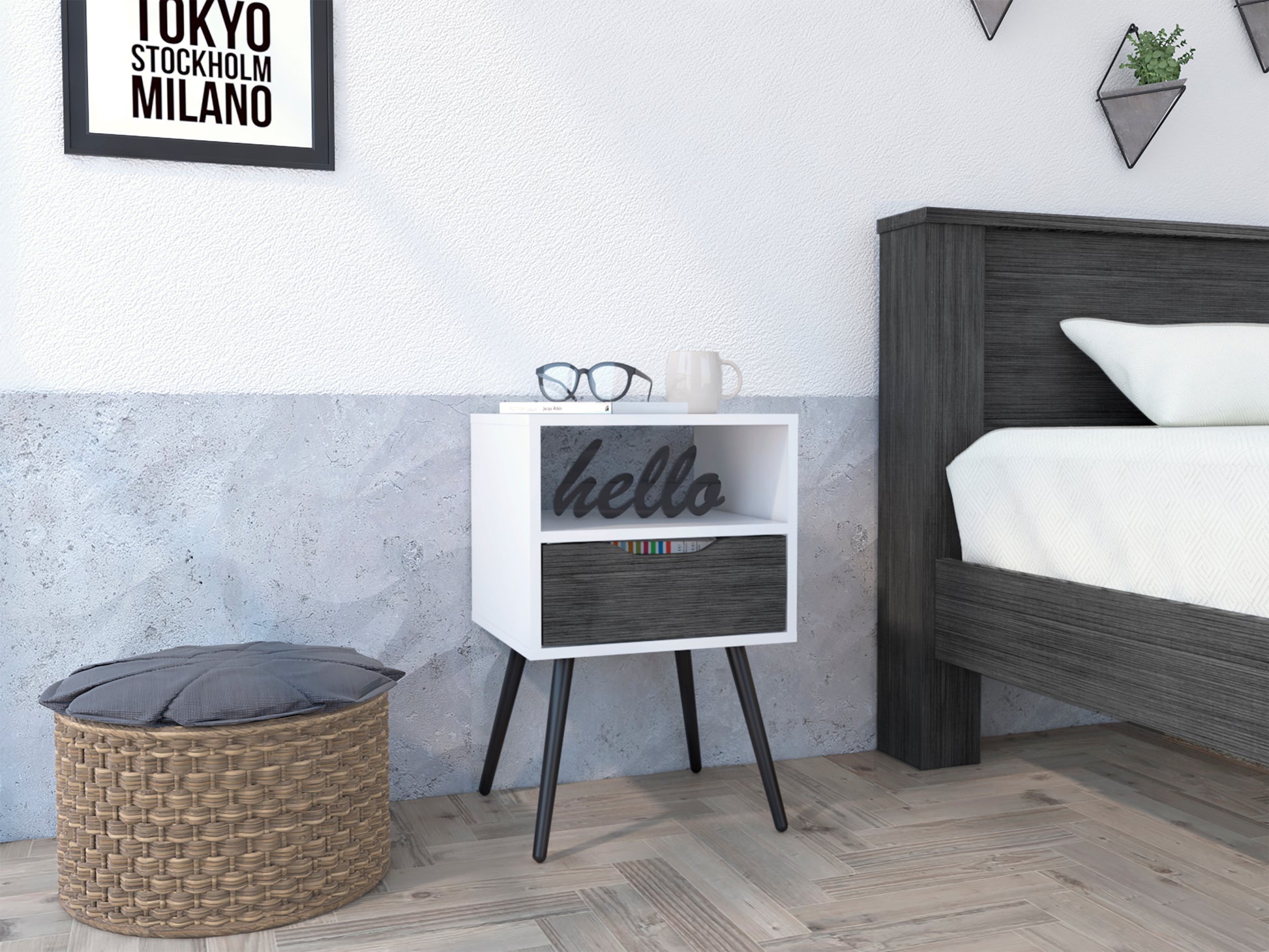 Nightstand Fugaz, Open Shelf, Single Drawer, Smokey Oak White Finish Multicolor Particle Board
