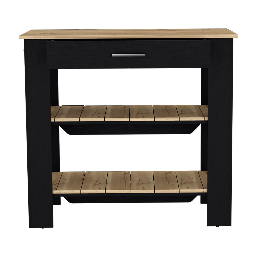 Kitchen Island 40 Inches Dozza, Two Shelves, Black Wengue Light Oak Finish Light Oak Particle Board