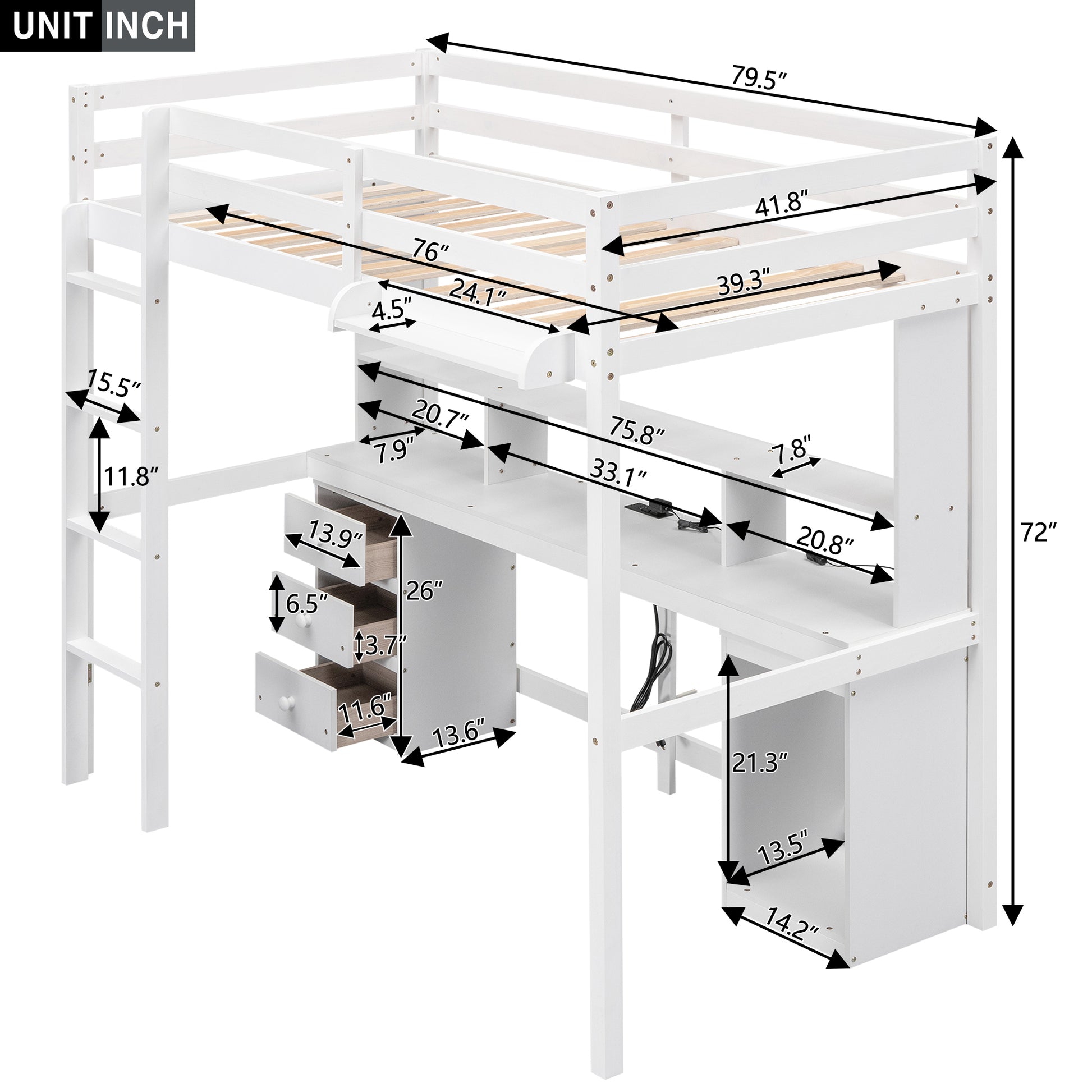 Twin Size Loft Bed With Multi Storage Desk, Led Light And Bedside Tray, Charging Station, White Box Spring Not Required Twin White Wood Bedroom Solid Wood Mdf