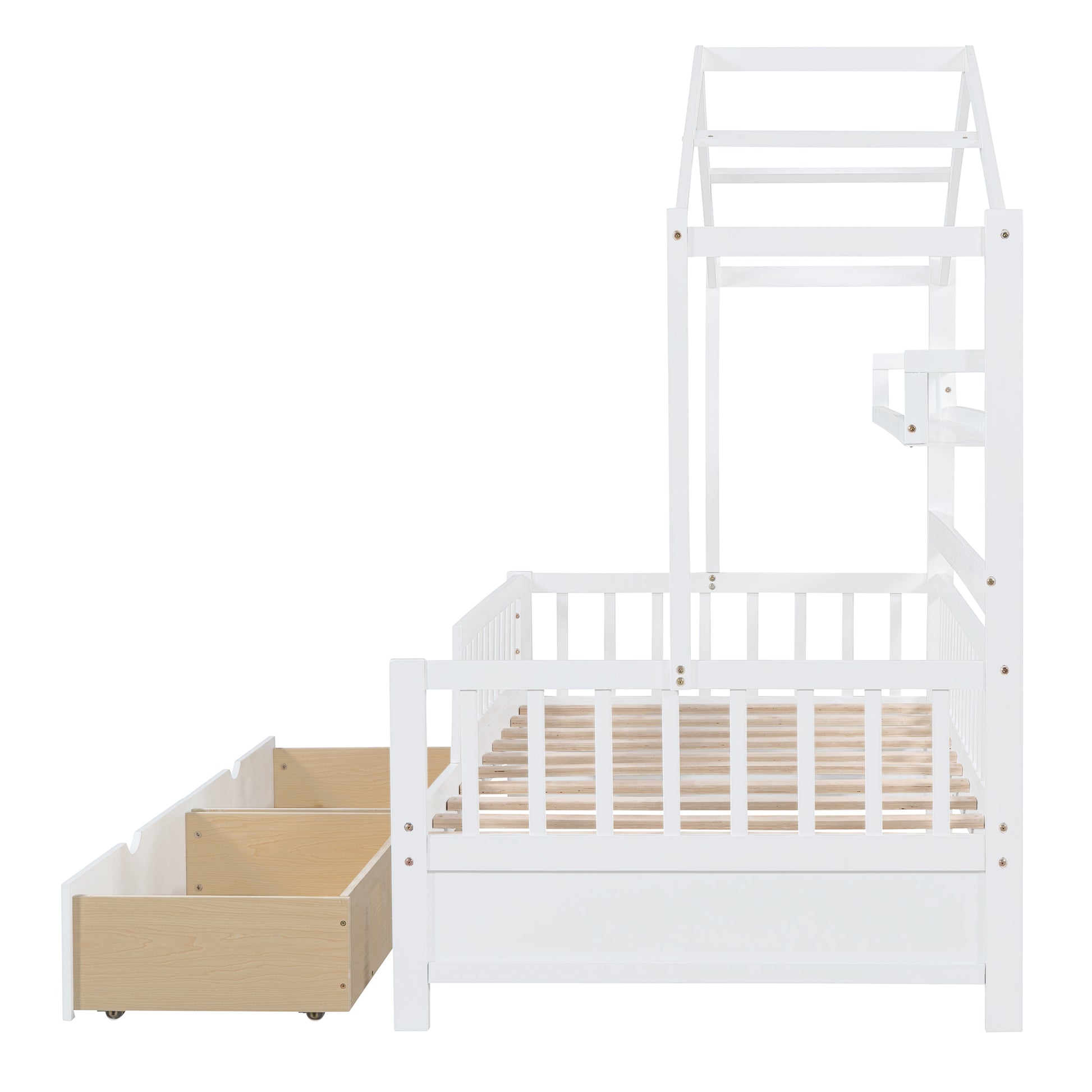 Wooden Twin Size House Bed With 2 Drawers,Kids Bed With Storage Shelf, White White Wood