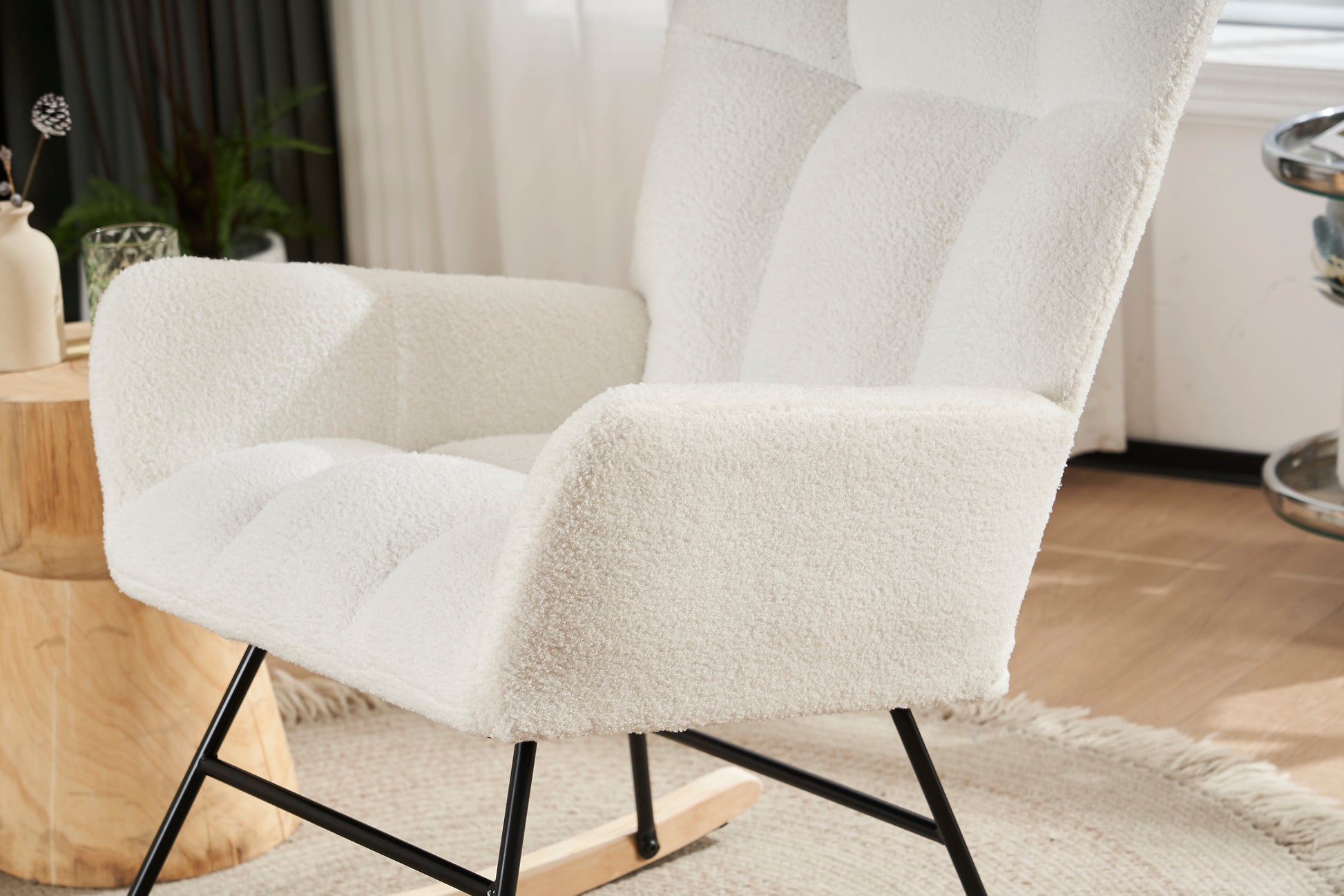 Rocking Chair Nursery, Solid Wood Legs Reading Chair With Teddy Fabric Upholsterednap Armchair For Living Rooms, Bedrooms, Offices, Best Gift,White Teddy Fabric White Primary Living Space Modern Rocking Chairs Polyester