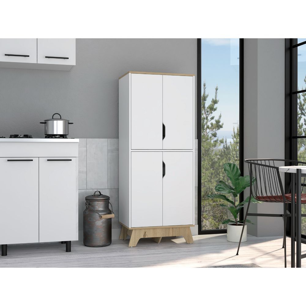 Double Kitchen Pantry Wallas, Double Door, Four Legs, Four Shelves, Light Oak White Finish Light Oak Particle Board