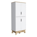 Double Kitchen Pantry Wallas, Double Door, Four Legs, Four Shelves, Light Oak White Finish Light Oak Particle Board