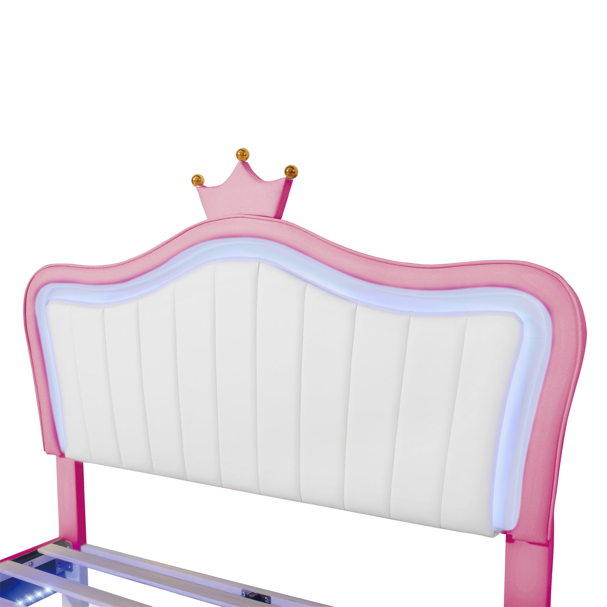 Full Size Upholstered Bed Frame With Led Lights,Modern Upholstered Princess Bed With Crown Headboard,White Pink Full White Pink Pu