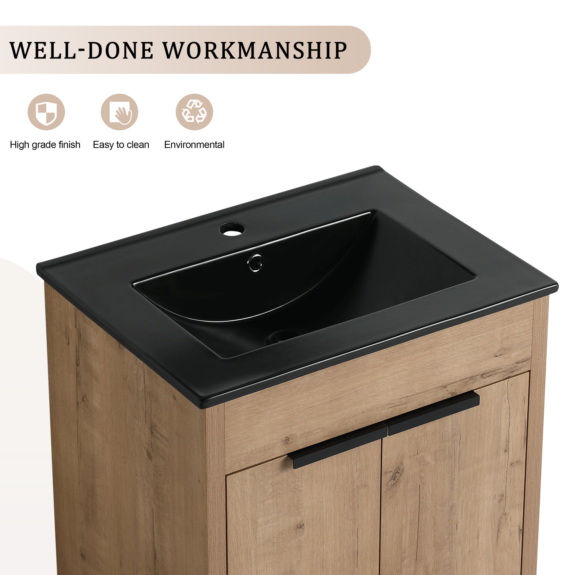 24" Freestanding Bathroom Vanity With Black Ceramic Sink & 2 Soft Close Cabinet Doors Kd Packing Imitative Oak 2 Freestanding Plywood