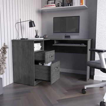 L Shaped Desk Bradford, Keyboard Shelf, Smokey Oak Finish Gray Particle Board