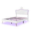Queen Size Upholstered Bed Frame With Led Lights,Modern Upholstered Princess Bed With Crown Headboard,White White Pu