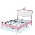 Full Size Upholstered Bed Frame With Led Lights,Modern Upholstered Princess Bed With Crown Headboard,White Pink Full White Pink Pu