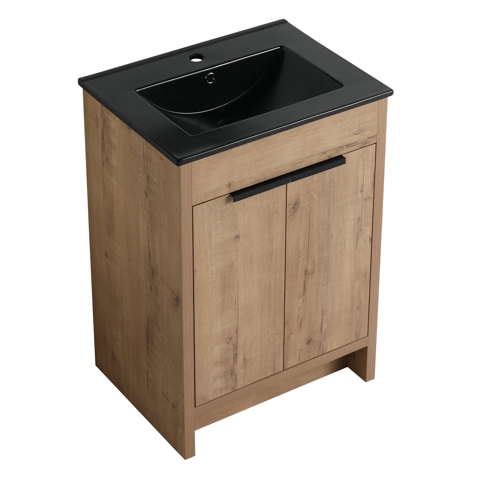 24" Freestanding Bathroom Vanity With Black Ceramic Sink & 2 Soft Close Cabinet Doors Kd Packing Imitative Oak 2 Freestanding Plywood