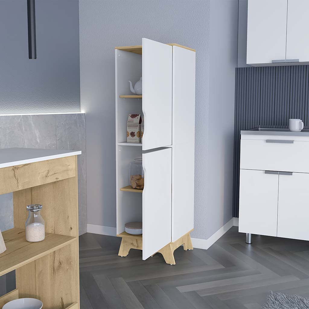 Single Kitchen Pantry Wallas, Four Shelves, Two Doors, Light Oak White Finish Light Oak Particle Board