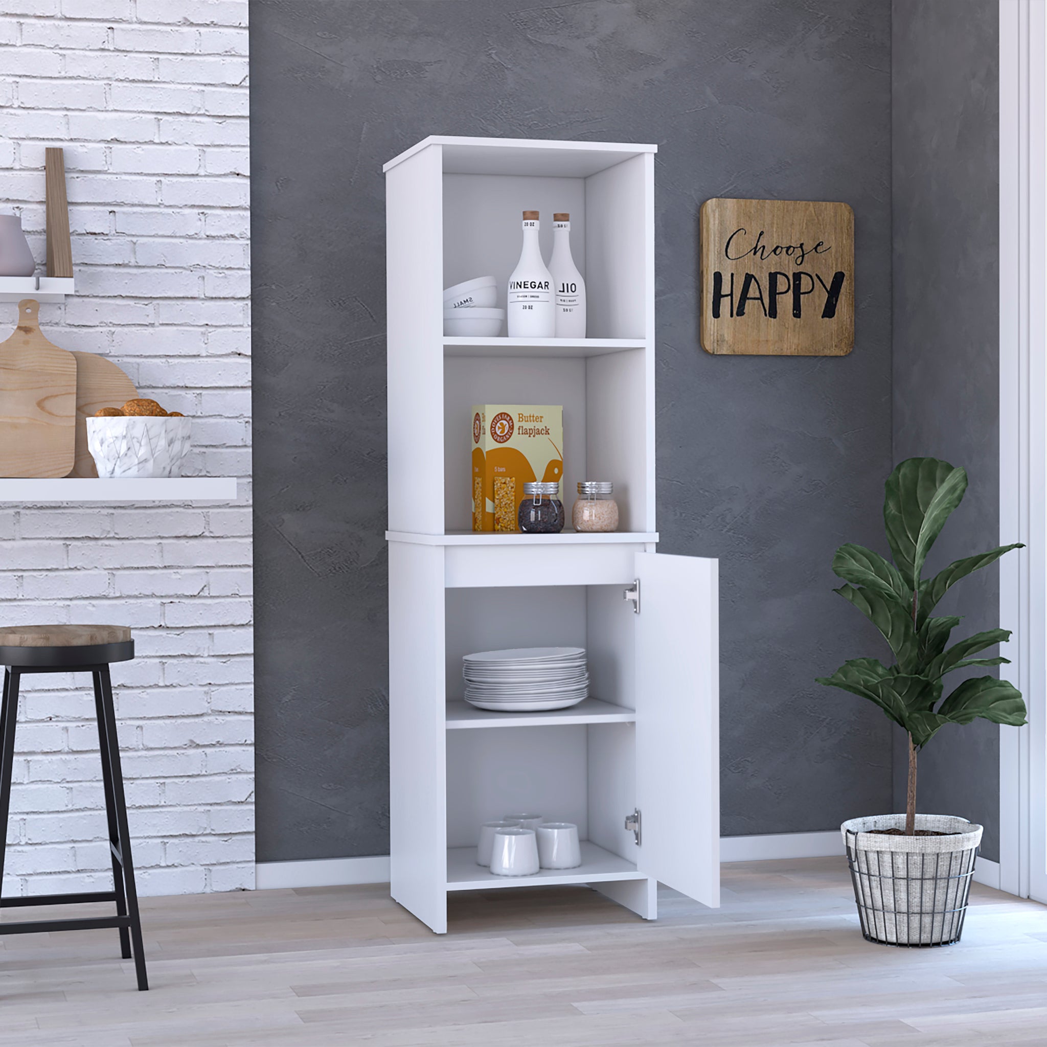 Kitchen Pantry Feery, Single Door Cabinet, Interior And External Shelves, White Finish White Particle Board