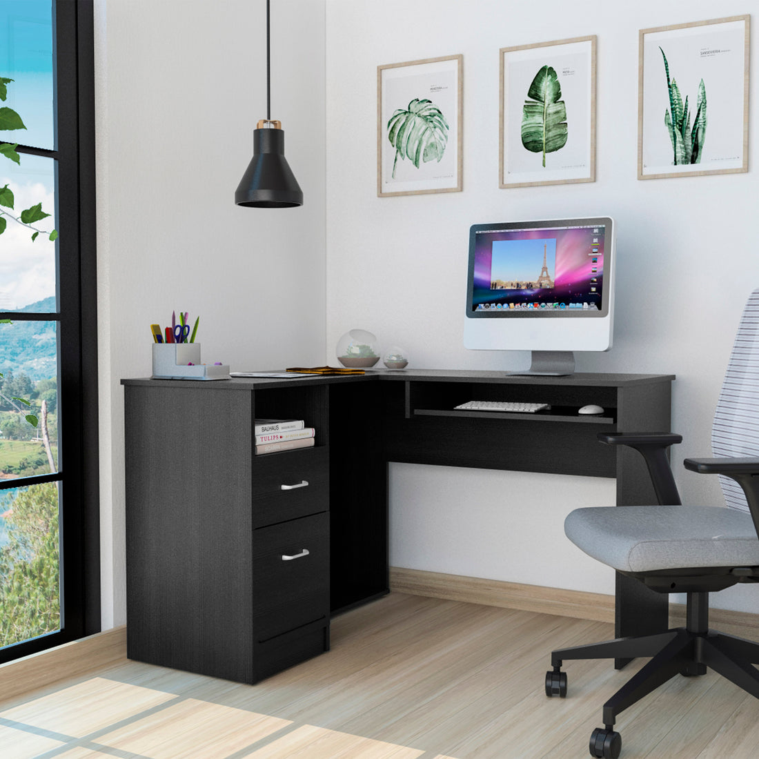 L Shaped Desk Bradford, Keyboard Shelf, Black Wengue Finish Black Particle Board