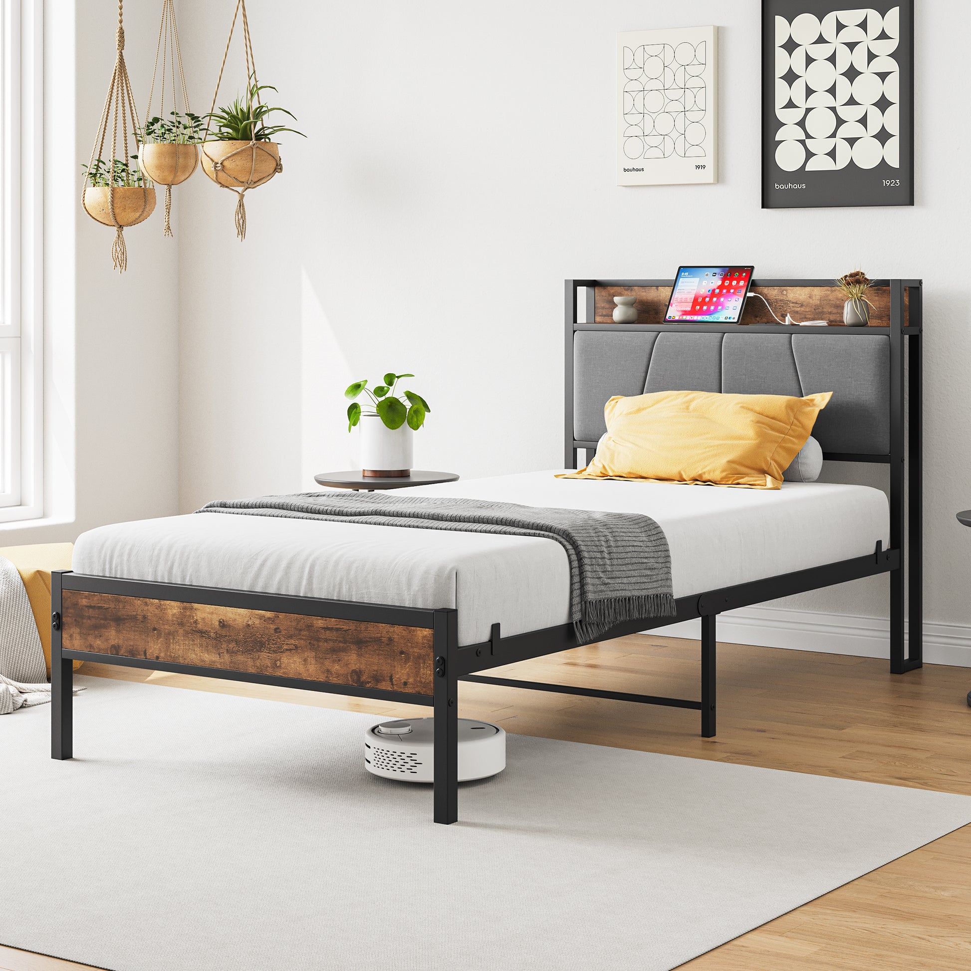 Twin Size Bed Frame, Storage Headboard With Charging Station, Solid And Stable, Noise Free, No Box Spring Needed, Easy Assembly Box Spring Not Required Twin Black Iron Brown Bedroom Bed Frame Metal & Wood