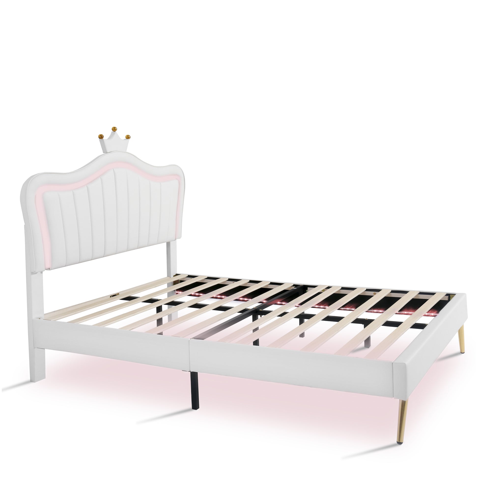 Full Size Upholstered Bed Frame With Led Lights,Modern Upholstered Princess Bed With Crown Headboard,White Full White Pu