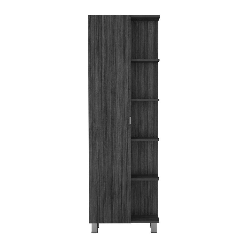 Corner Cabinet Womppi, Five Open Shelves, Single Door, Smokey Oak Finish Gray Particle Board