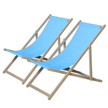 Beach Sling Patio Chair Set Of 2,Wooden Folding Outdoor Chairs For Outside 3 Level Height Adjustable, Portable Reclining Beach Chair Blue Solid Wood