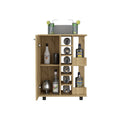 Bar Cart Wells, Four Casters, Six Wine Cubbies, Single Door Cabinet, Light Oak Finish Light Oak Particle Board