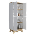 Double Kitchen Pantry Wallas, Double Door, Four Legs, Four Shelves, Light Oak White Finish Light Oak Particle Board