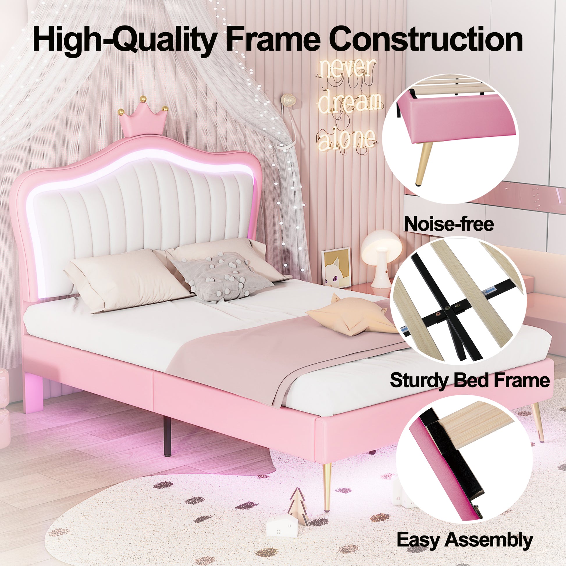 Full Size Upholstered Bed Frame With Led Lights,Modern Upholstered Princess Bed With Crown Headboard,White Pink Full White Pink Pu