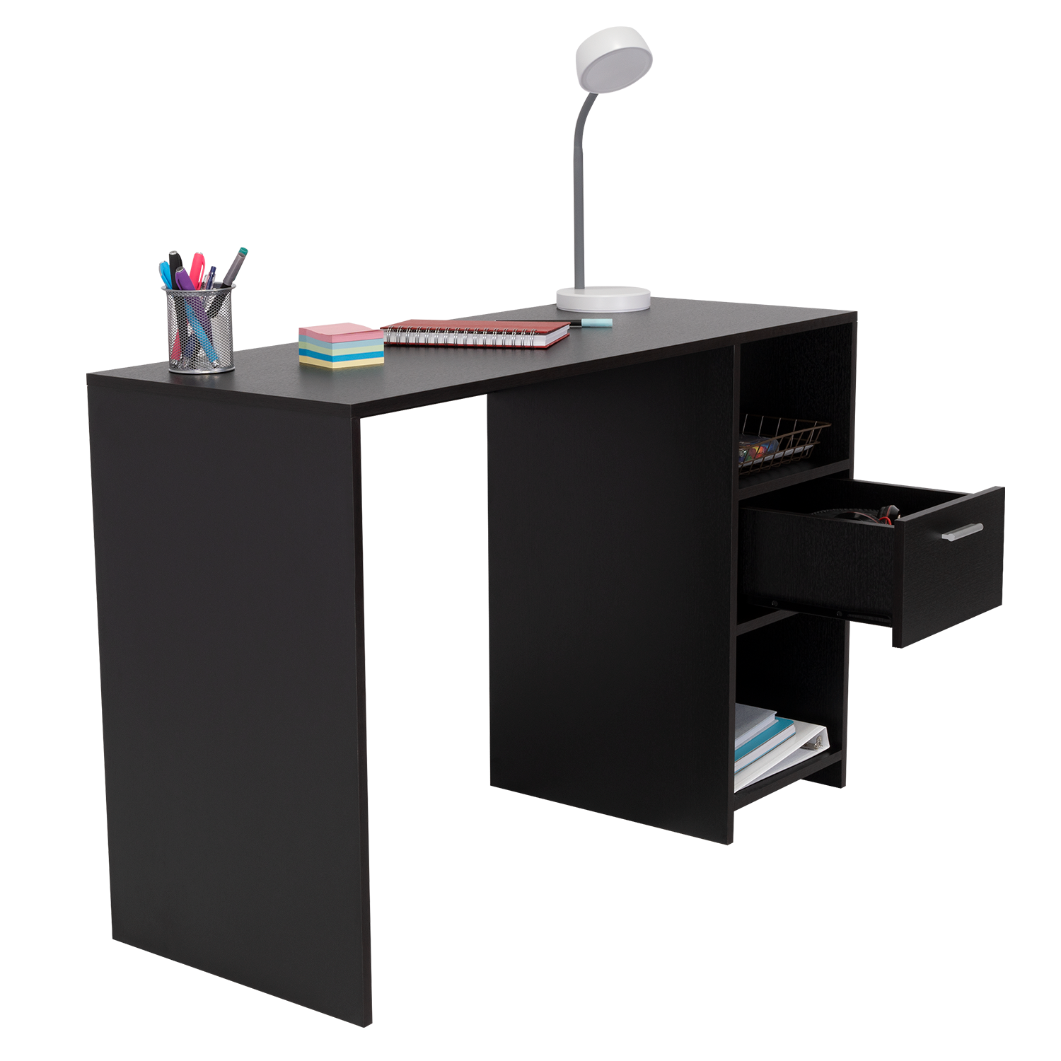 Computer Desk Odessa With Single Drawer And Open Storage Cabinets, Black Wengue Finish Black Particle Board