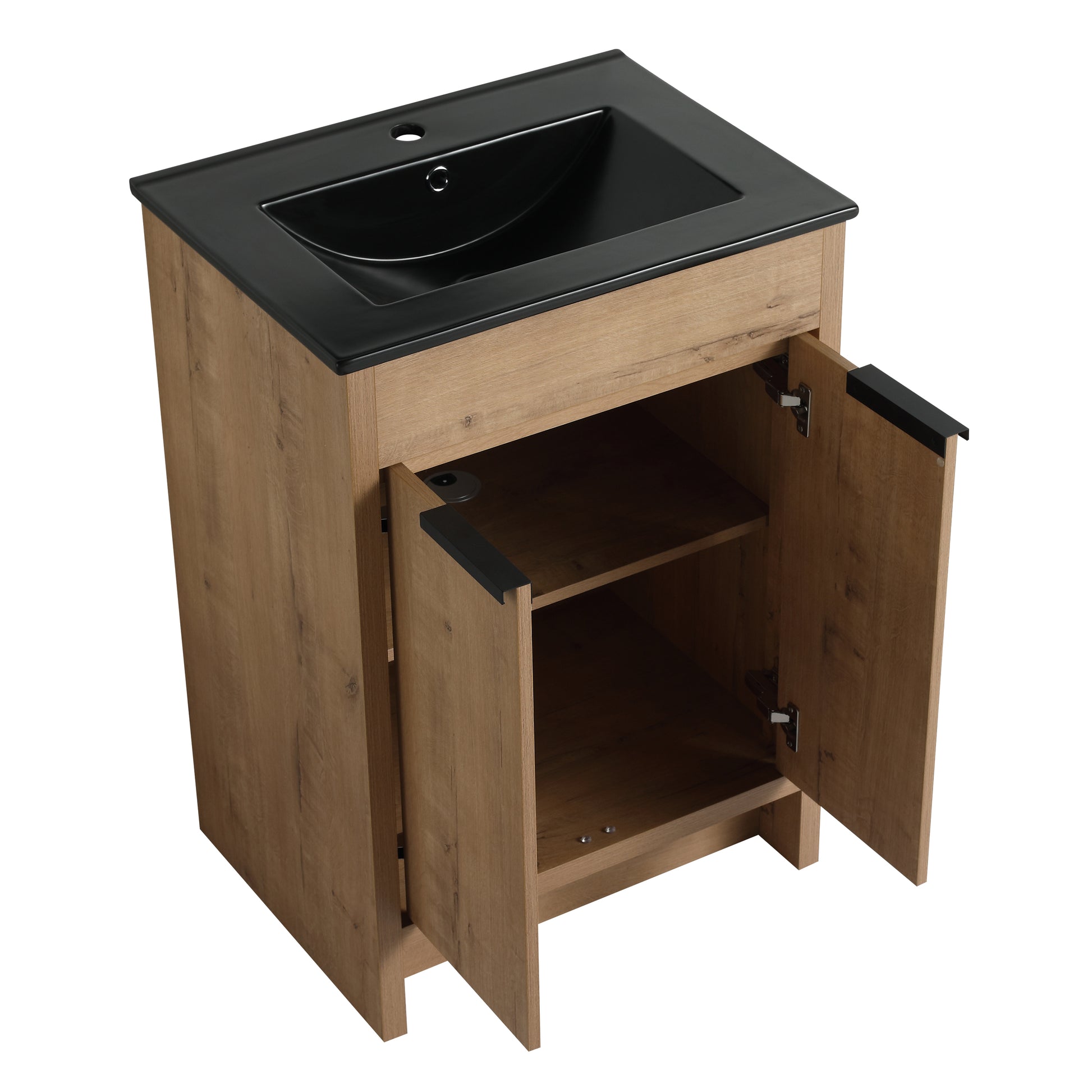 24" Freestanding Bathroom Vanity With Black Ceramic Sink & 2 Soft Close Cabinet Doors Kd Packing Imitative Oak 2 Freestanding Plywood