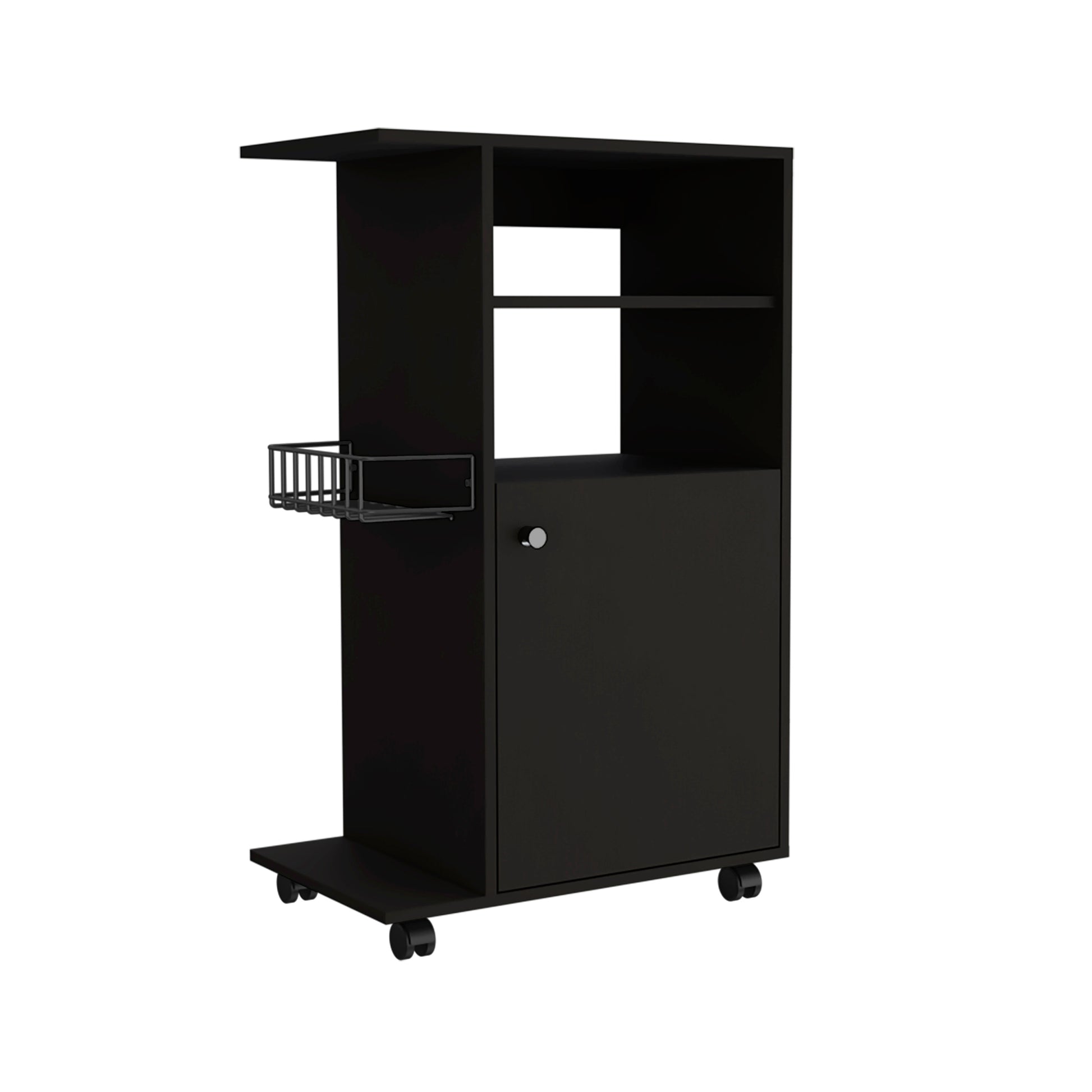 Kitchen Cart Kryot, Single Door Cabinet, Four Casters, Black Wengue Finish Black Particle Board