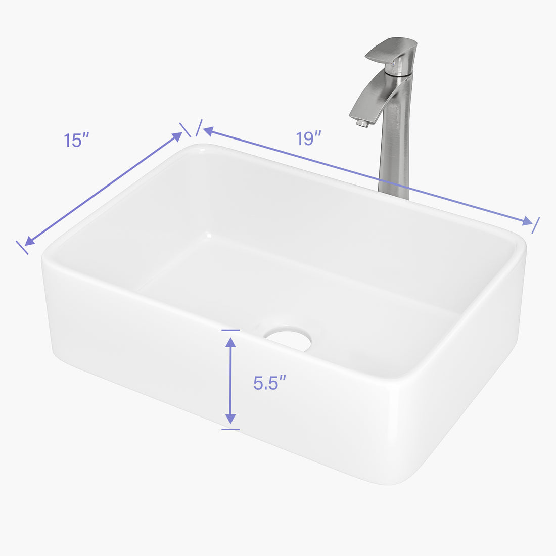 19"X15" Rectangle Vessel Bathroom Sink And Brushed Nickel Single Lever Faucet Combo White Ceramic