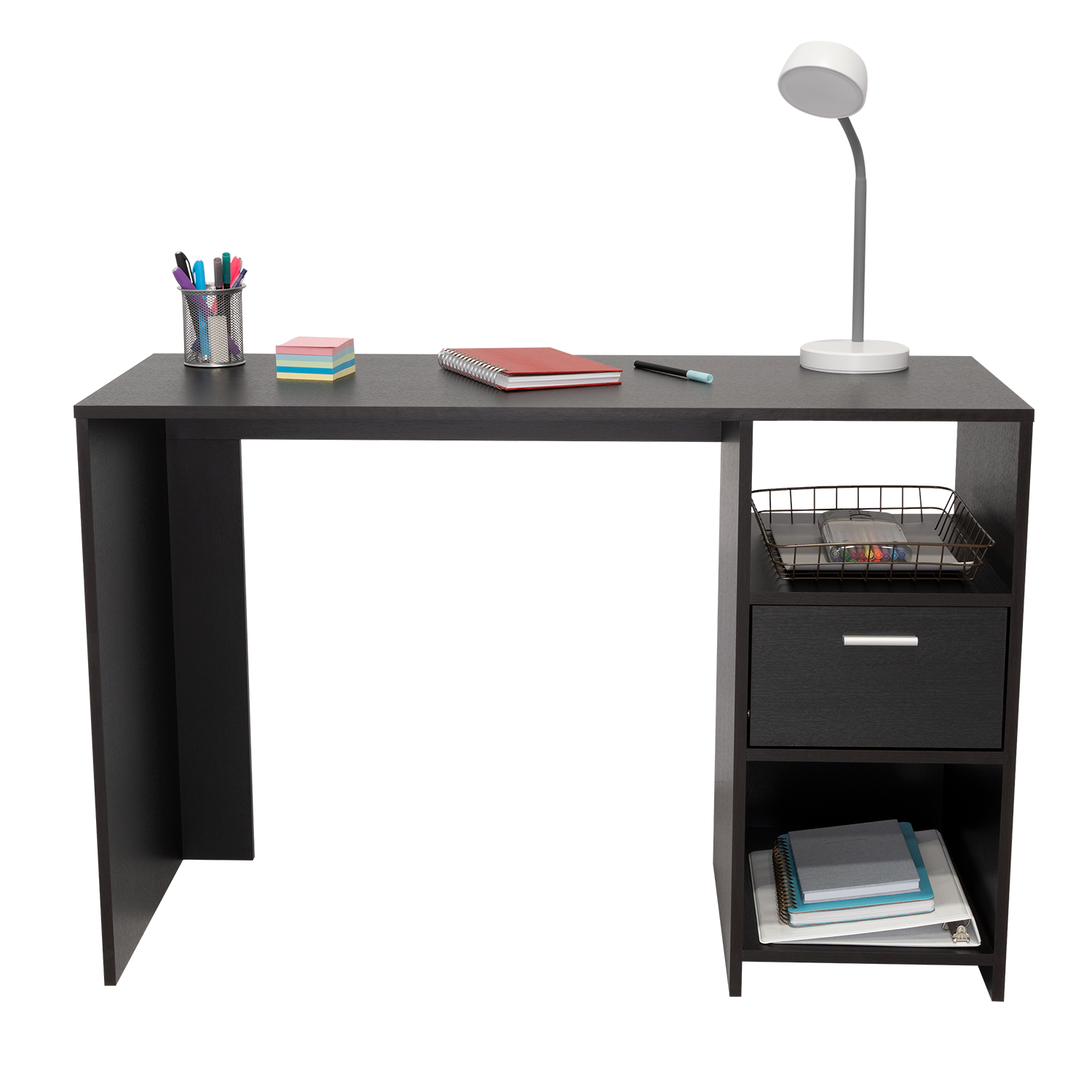 Computer Desk Odessa With Single Drawer And Open Storage Cabinets, Black Wengue Finish Black Particle Board