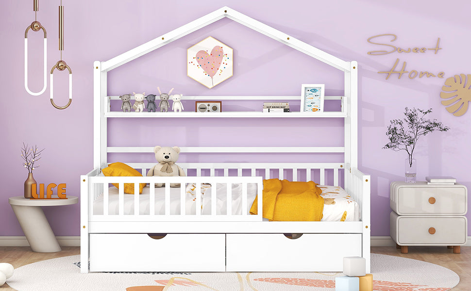 Wooden Full Size House Bed With 2 Drawers,Kids Bed With Storage Shelf, White White Wood